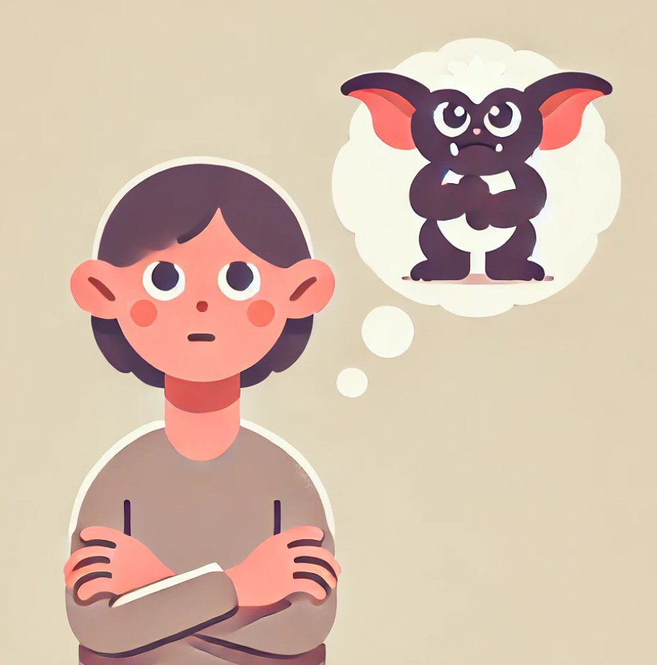 inner-crtic-gremlin-william-smith-therapy A cartoon illustration of a person with folded arms. Slightly above them is a thought bubble with a small grumpy gremlin inside it.