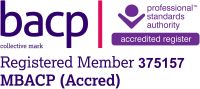 BACP Registered Member logo with membership number 375157, MBACP (Accred), and Professional Standards Authority Accredited Register badge.