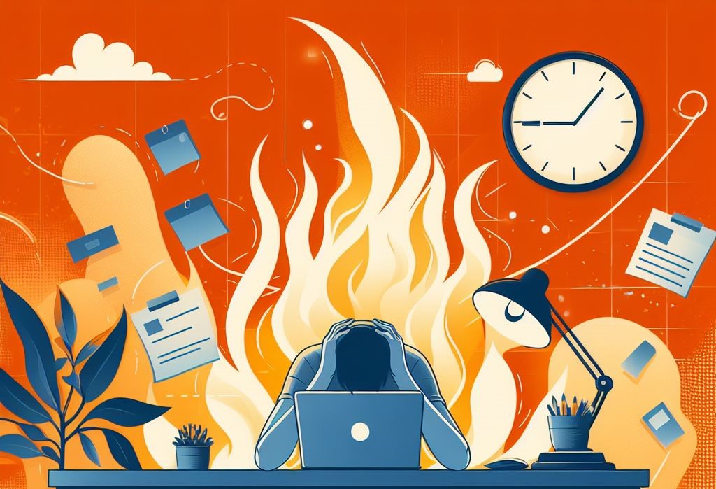 Person holding their head in their hands sat at a desk in front of an open laptop. Behind them a flame burns, creating a screen of orange, red and yellow. Around the person are pieces of work, a clock and other artifacts related to working.