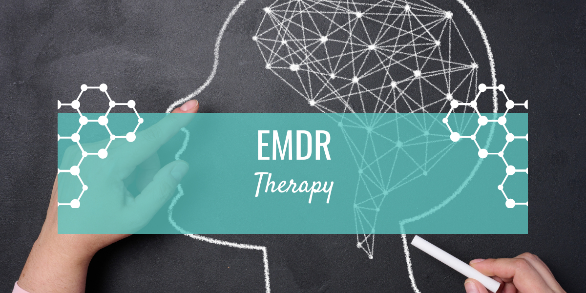 A chalk drawing of a human head on a blackboard, with a network-like pattern inside representing the brain. A hand points towards the head, and another holds a piece of chalk. A teal overlay with white molecular structures and the words 'EMDR Therapy' in bold and script fonts is placed over the image.